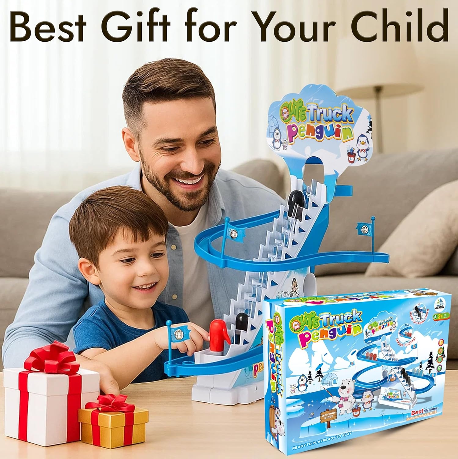 image:imageARSUK Penguin Race Game Toy Playful Musical Roller Coaster Track Playset with Music amp LED Flashing Lights OnOff Button for Toddlers and Kids Gift