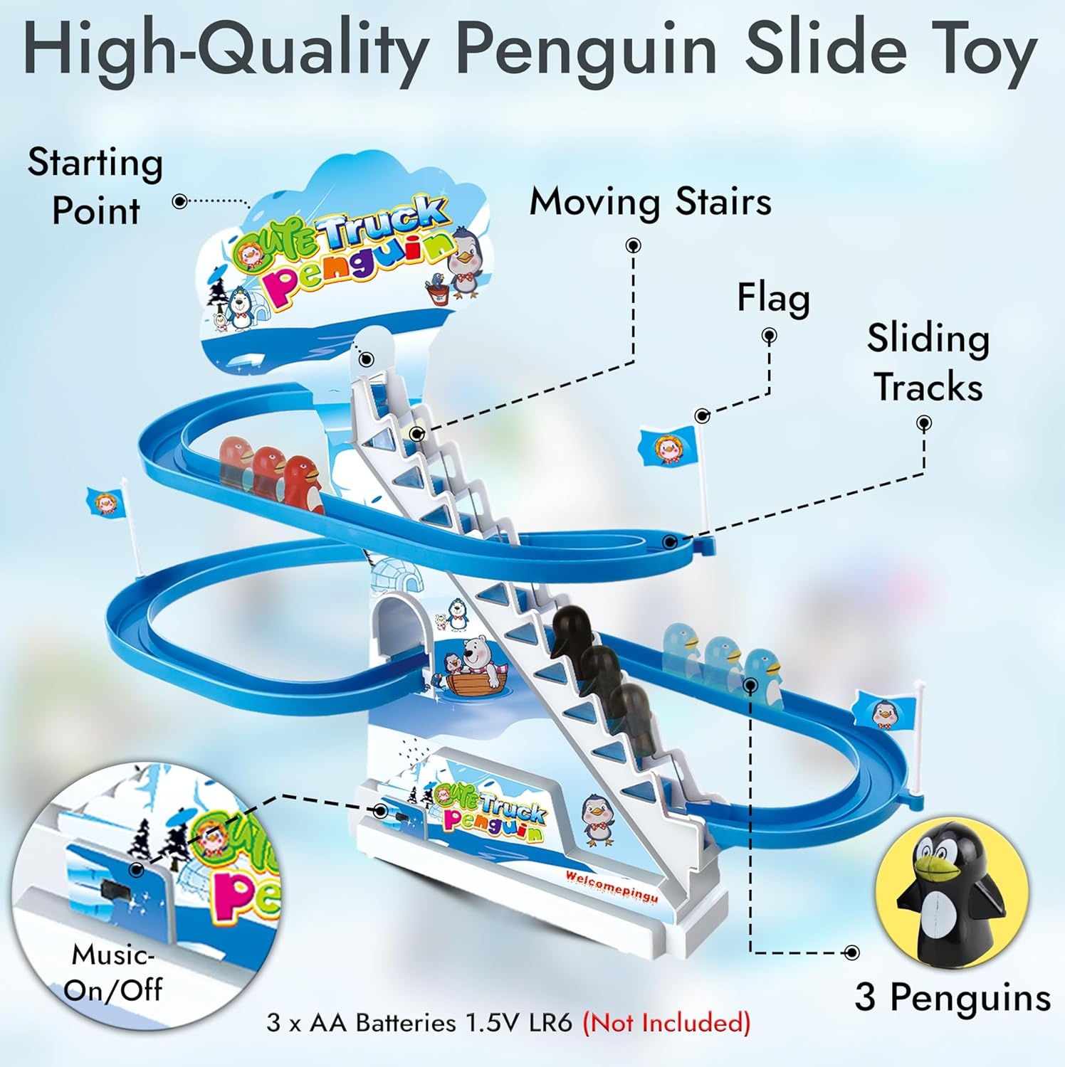 image:imageARSUK Penguin Race Game Toy Playful Musical Roller Coaster Track Playset with Music amp LED Flashing Lights OnOff Button for Toddlers and Kids Gift