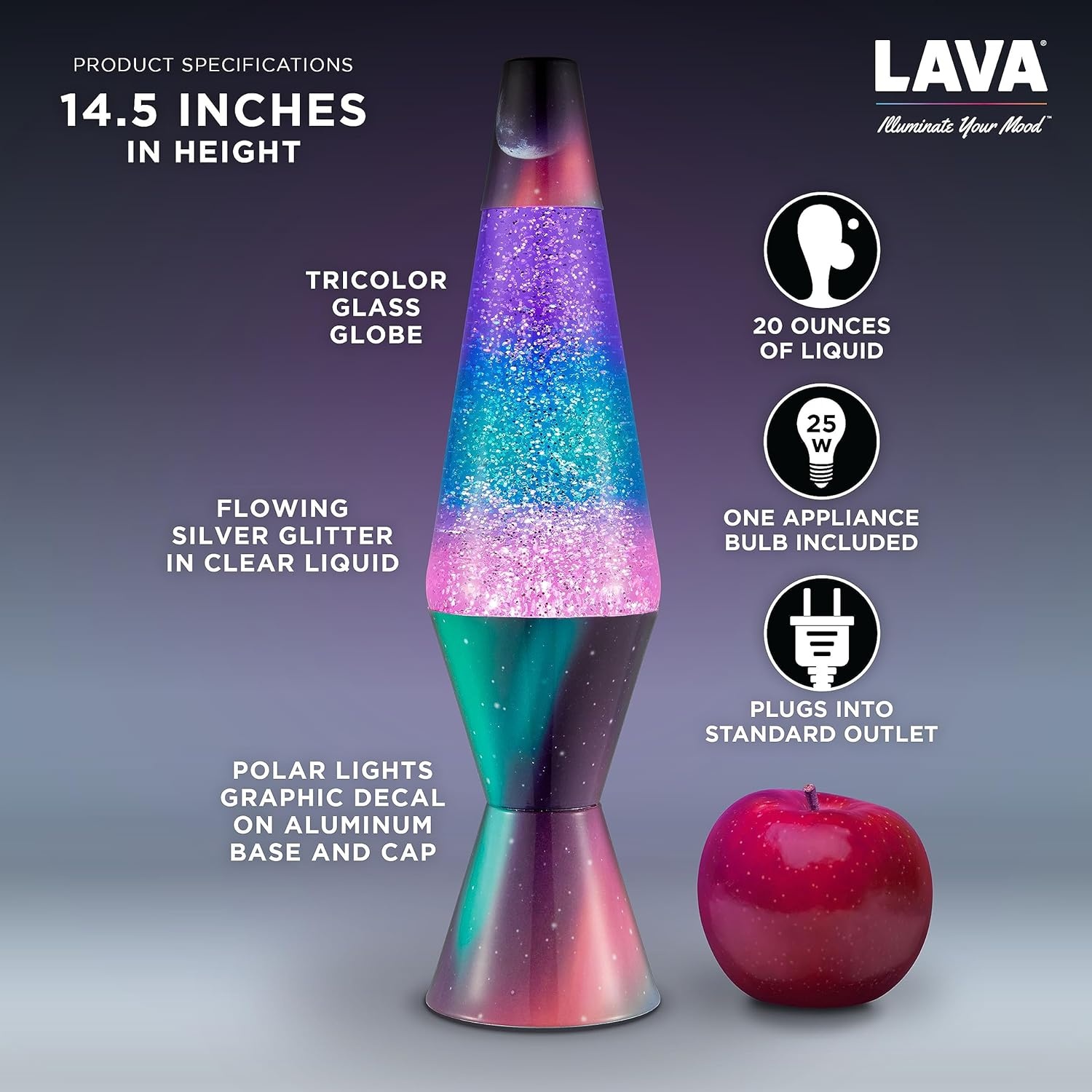 image:imageLava Lamp 145 Polar Glimmer The Original Motion Light Silver Glitter Multicolor Base and Globe Item 2048 Amazon ExclusivePack of 1