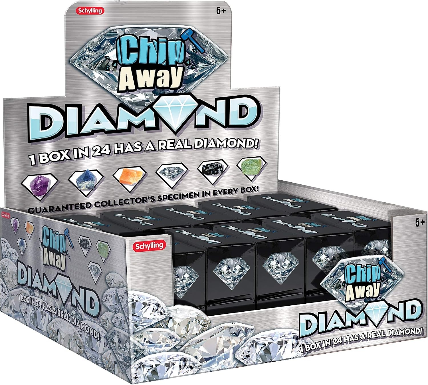 image:imageSchylling Chip Away Diamond Gemstone Dig Kit with Collectible Specimens Inside 1 in 24 Contains a Real Diamond Includes Miniature Hammer Chisel and Brush Ages 5 and Up One Box