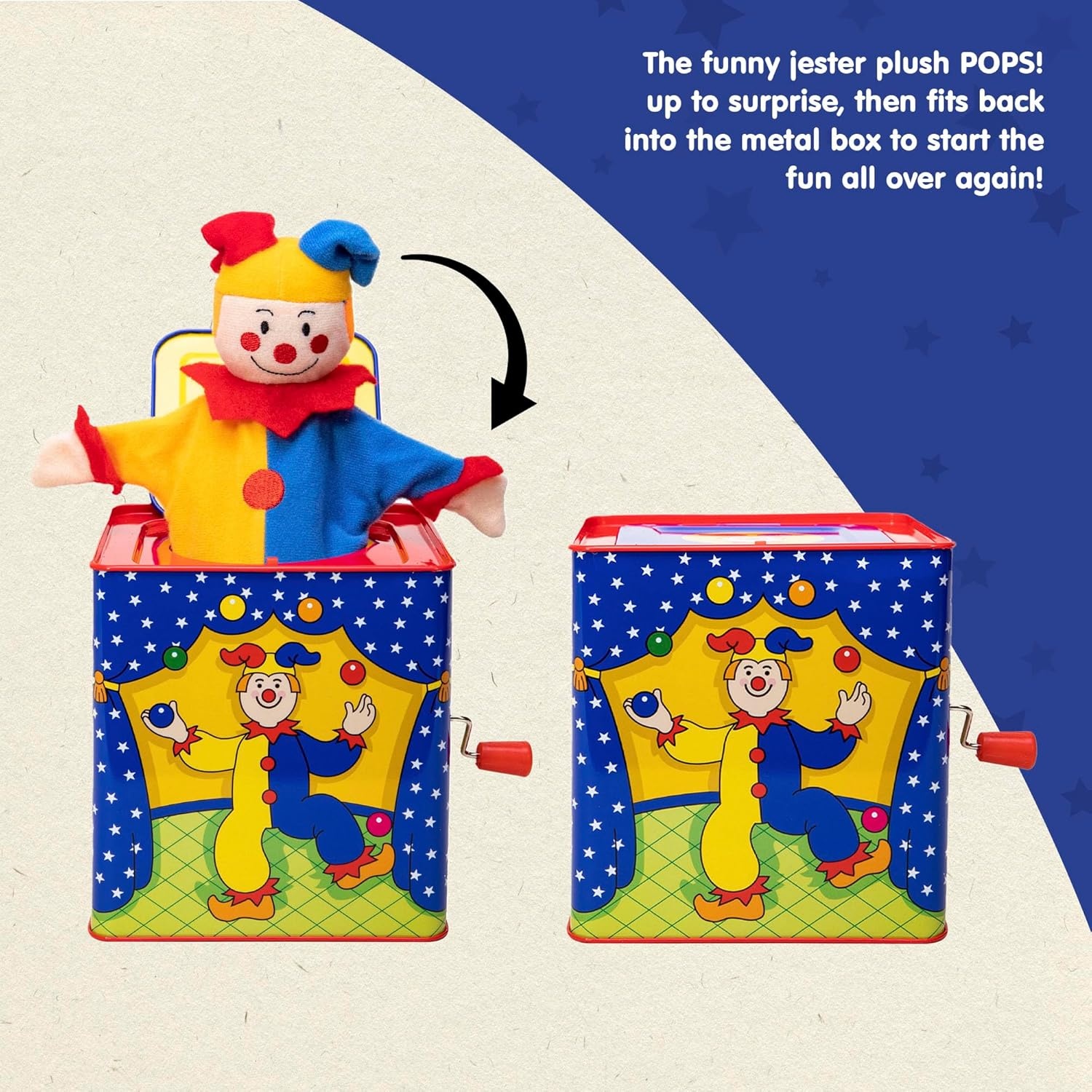 image:imageSchylling Jester Jack in the Box Classic Childrens Musical Toy Colorful and Durable Tin Box with Silly Jester Plush Age 18 months and Up