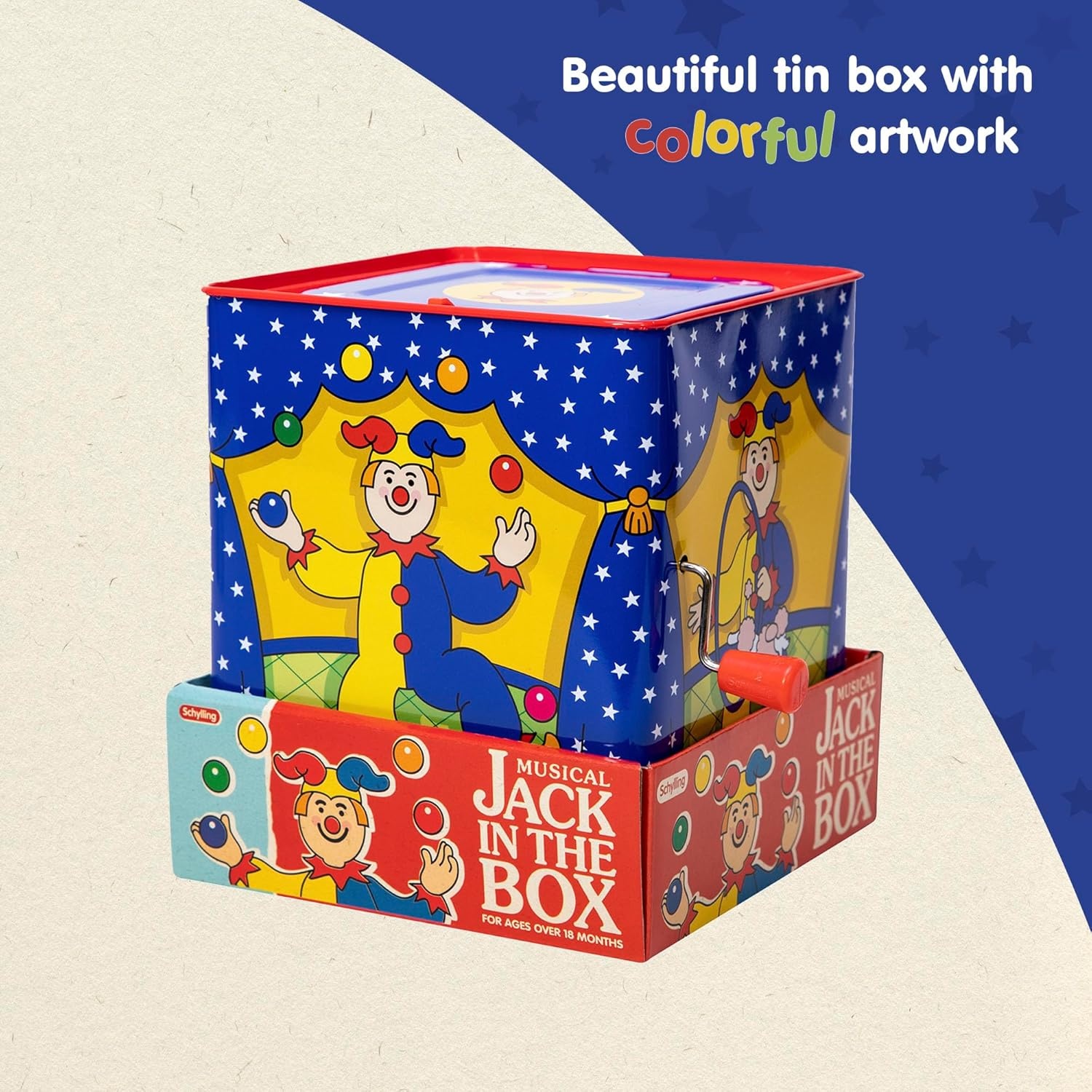 image:imageSchylling Jester Jack in the Box Classic Childrens Musical Toy Colorful and Durable Tin Box with Silly Jester Plush Age 18 months and Up