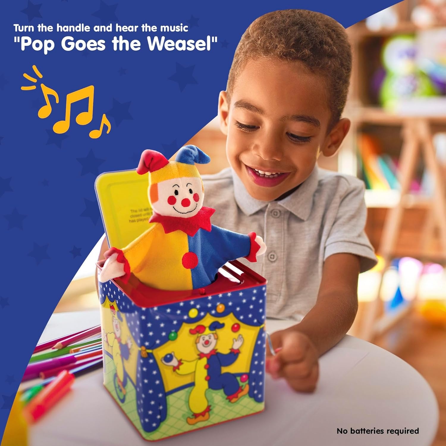 image:imageSchylling Jester Jack in the Box Classic Childrens Musical Toy Colorful and Durable Tin Box with Silly Jester Plush Age 18 months and Up