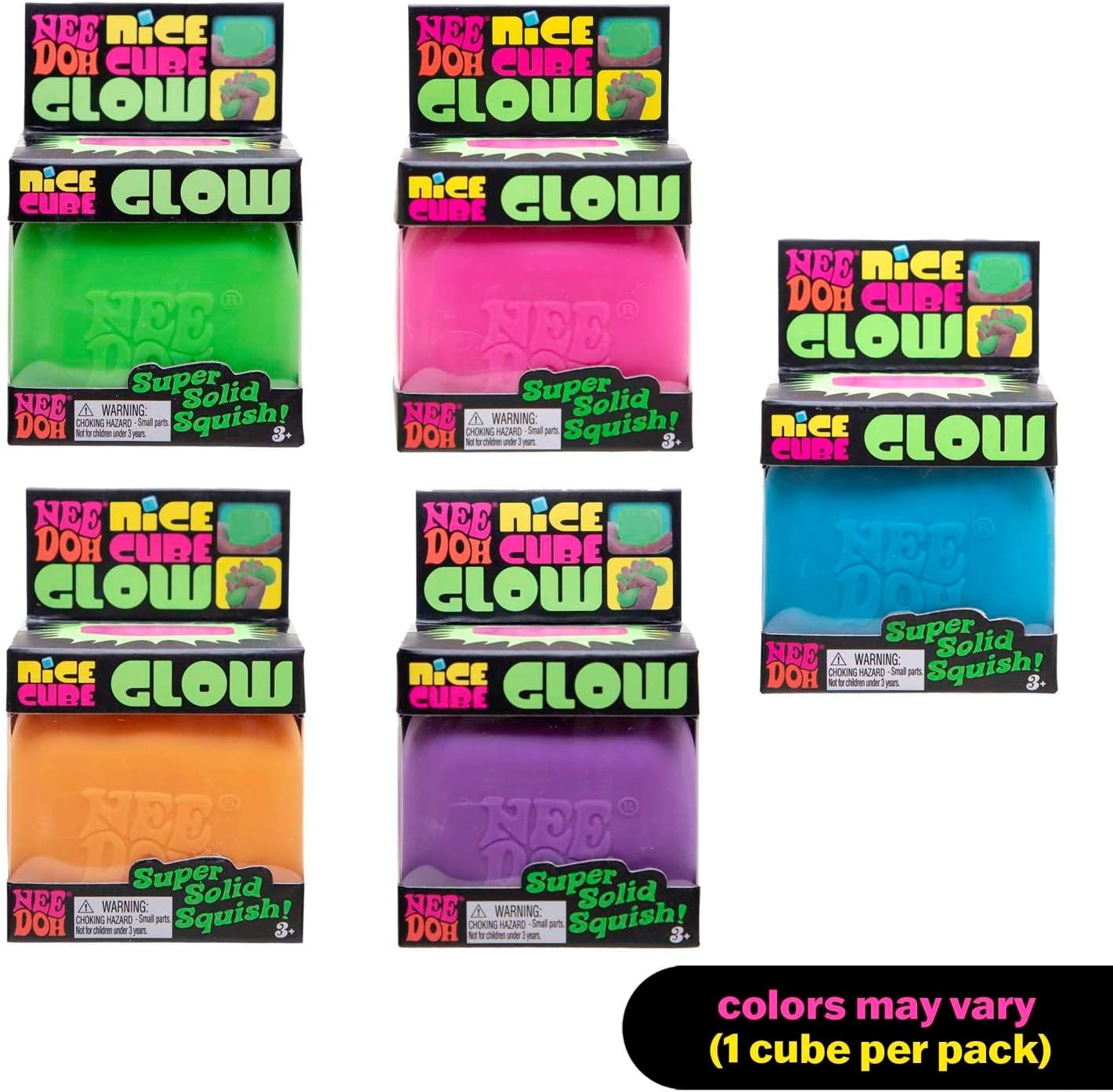 image:imageSchylling NeeDoh Nice Cube Glow Squeeze Toy with a Super Solid Squish Glows in The Dark 225 Cube Color May Vary Pack of 1