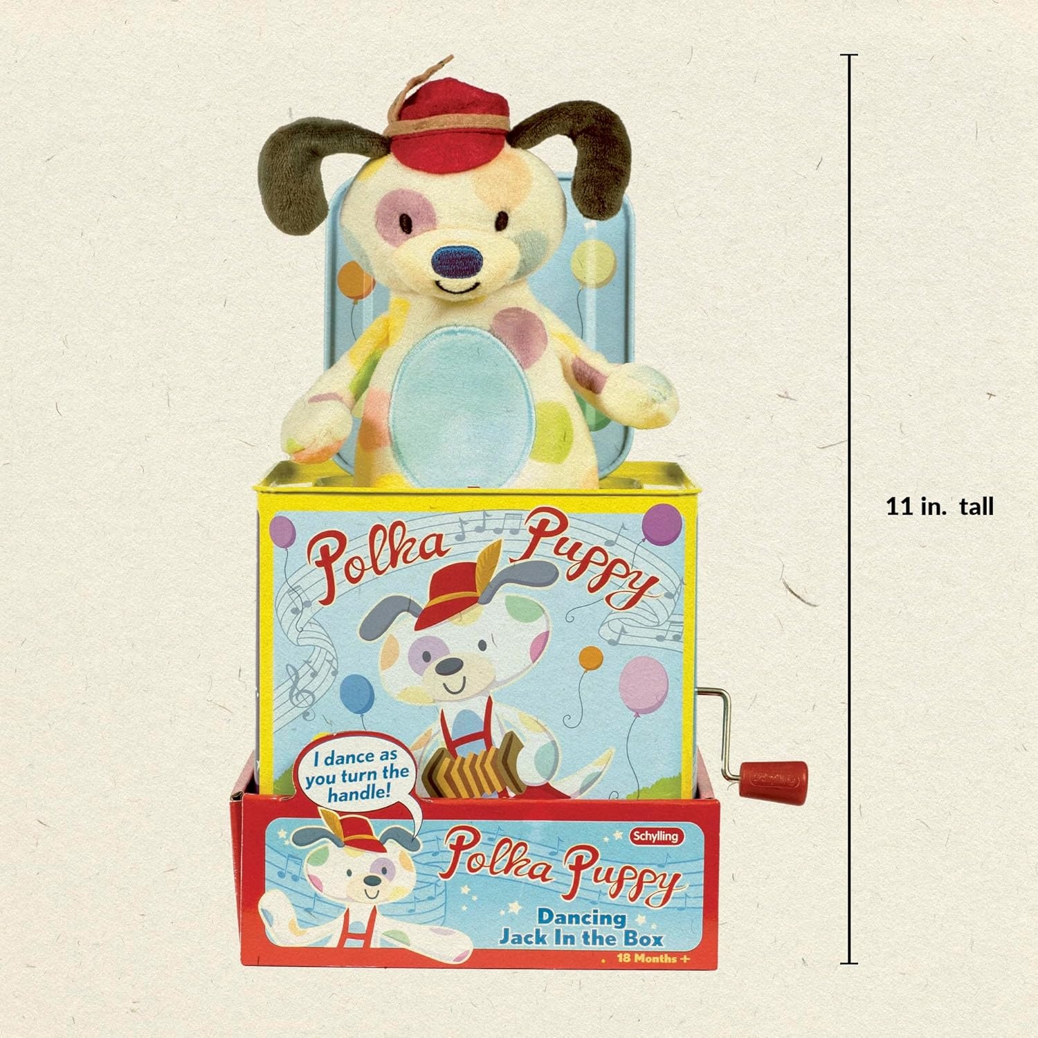 image:imageSchylling Polka Puppy Jack in the Box Classic Childrens Musical Toy that Dances Colorful Embossed Tin Box and Lovable Puppy Plush Age 18 months and Up