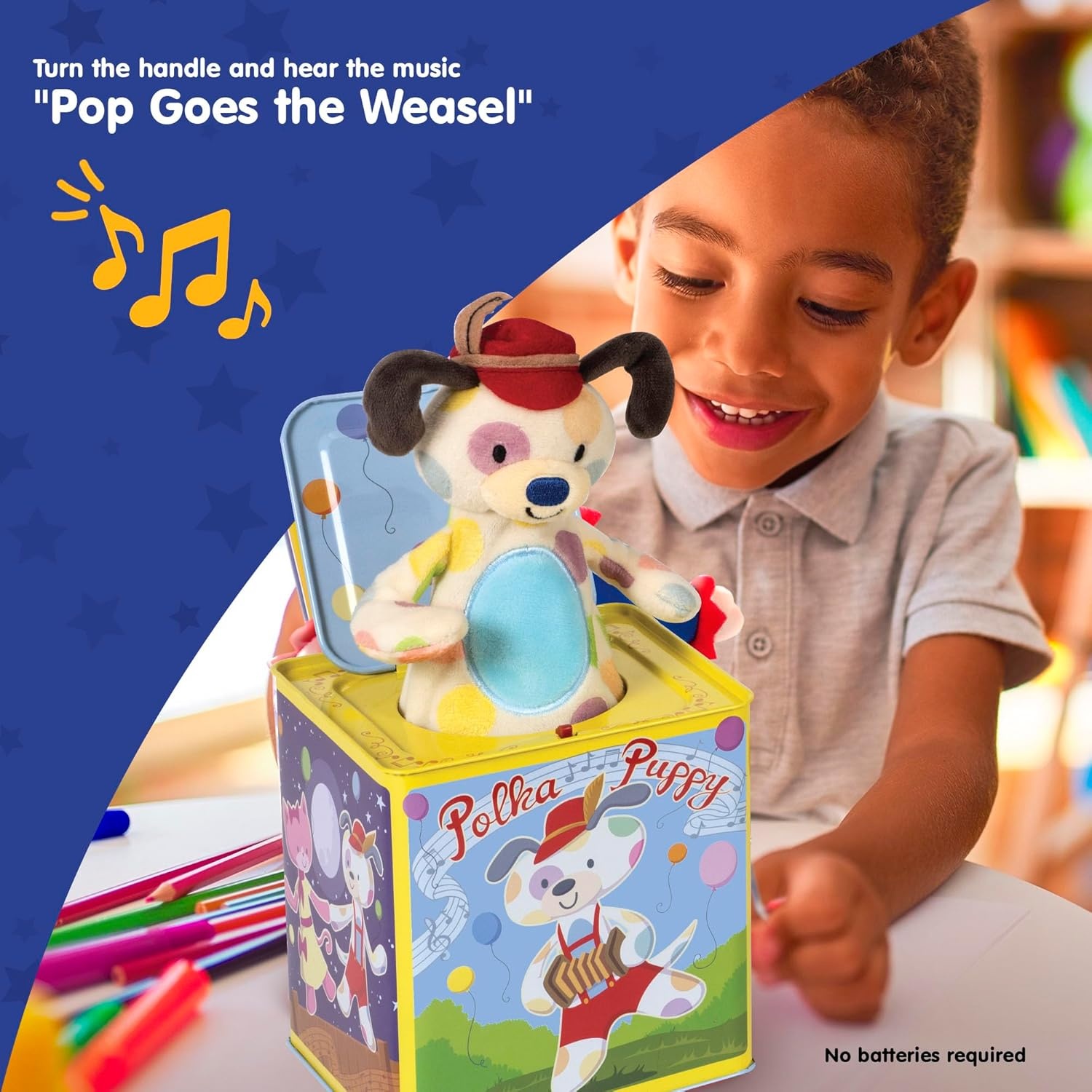 image:imageSchylling Polka Puppy Jack in the Box Classic Childrens Musical Toy that Dances Colorful Embossed Tin Box and Lovable Puppy Plush Age 18 months and Up