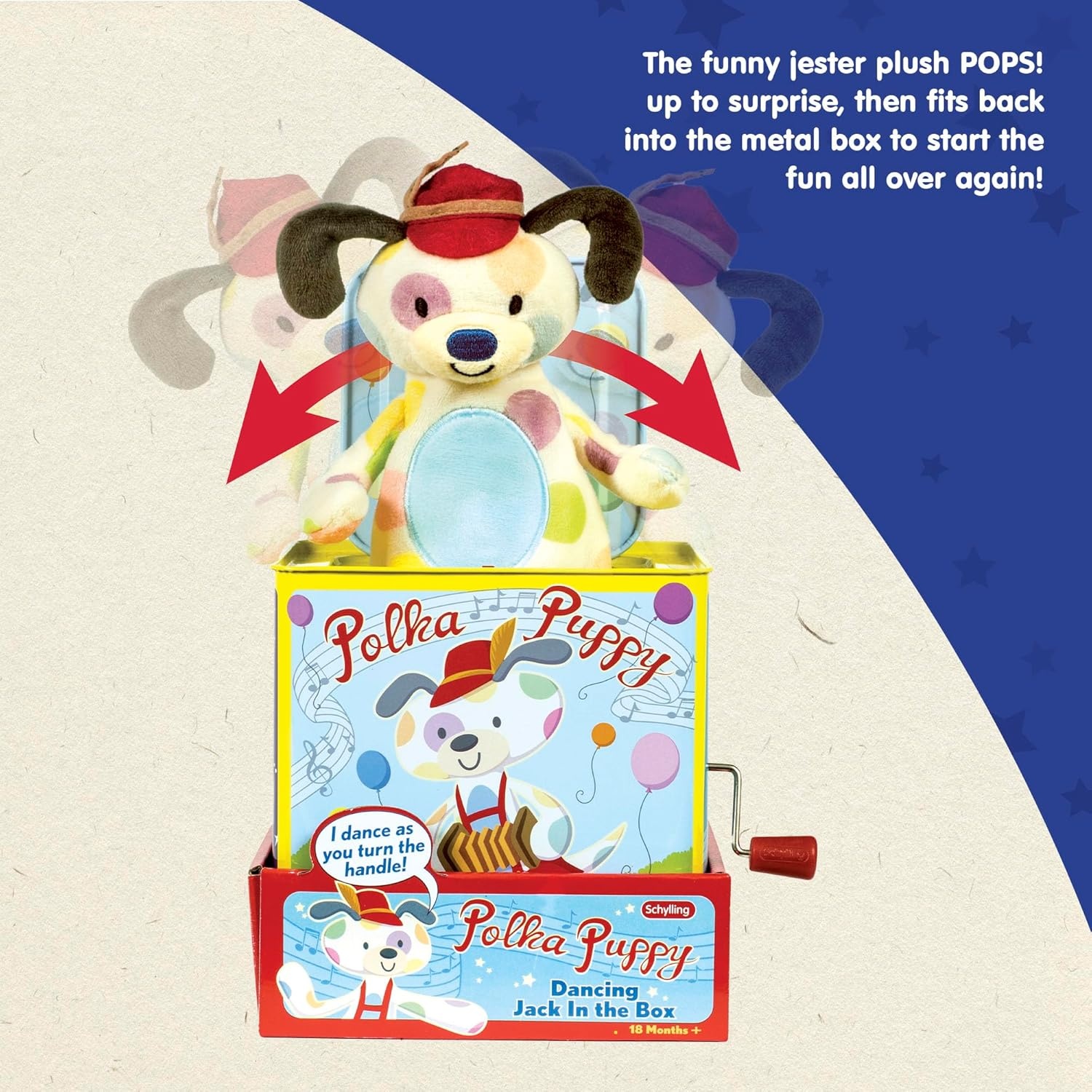 image:imageSchylling Polka Puppy Jack in the Box Classic Childrens Musical Toy that Dances Colorful Embossed Tin Box and Lovable Puppy Plush Age 18 months and Up