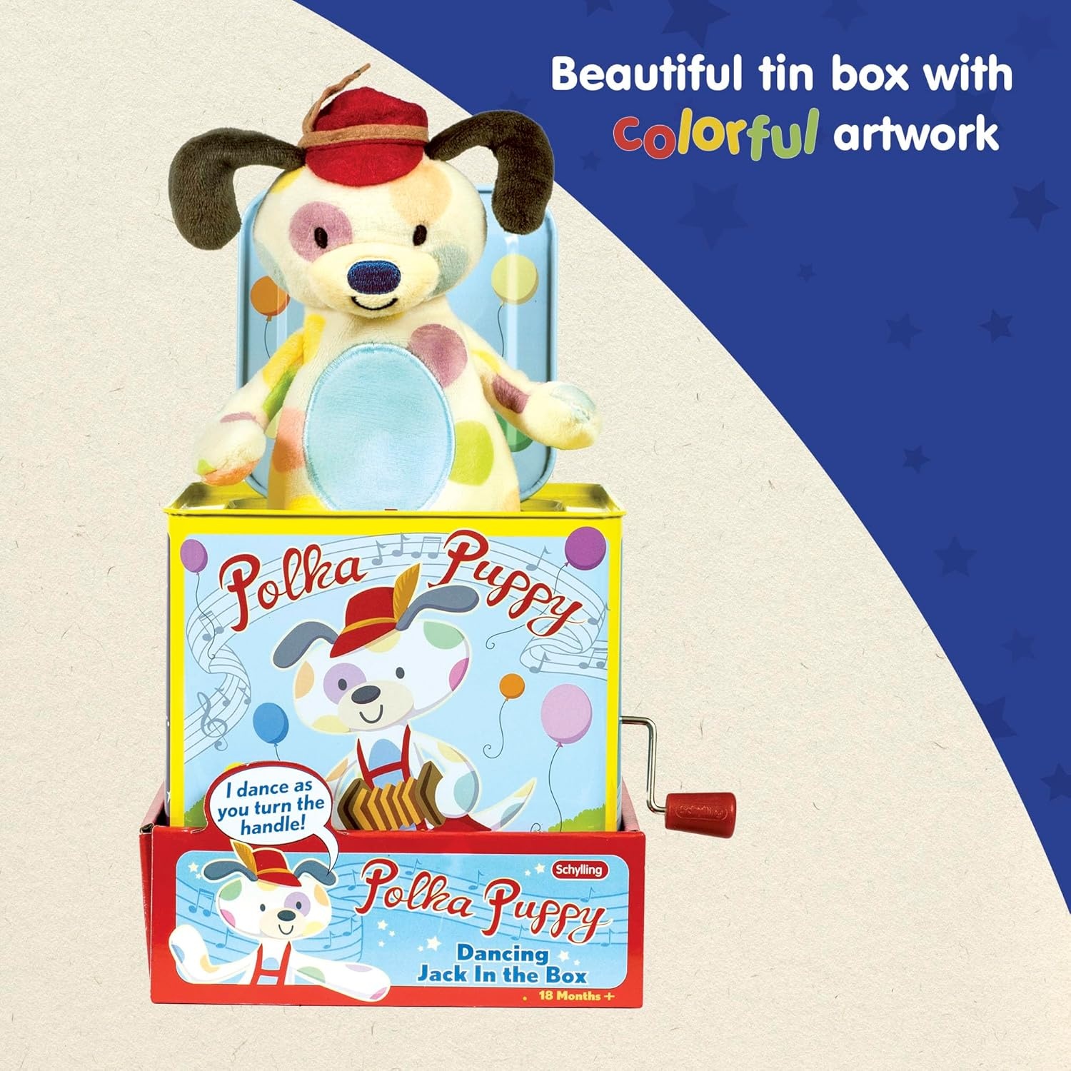 image:imageSchylling Polka Puppy Jack in the Box Classic Childrens Musical Toy that Dances Colorful Embossed Tin Box and Lovable Puppy Plush Age 18 months and Up