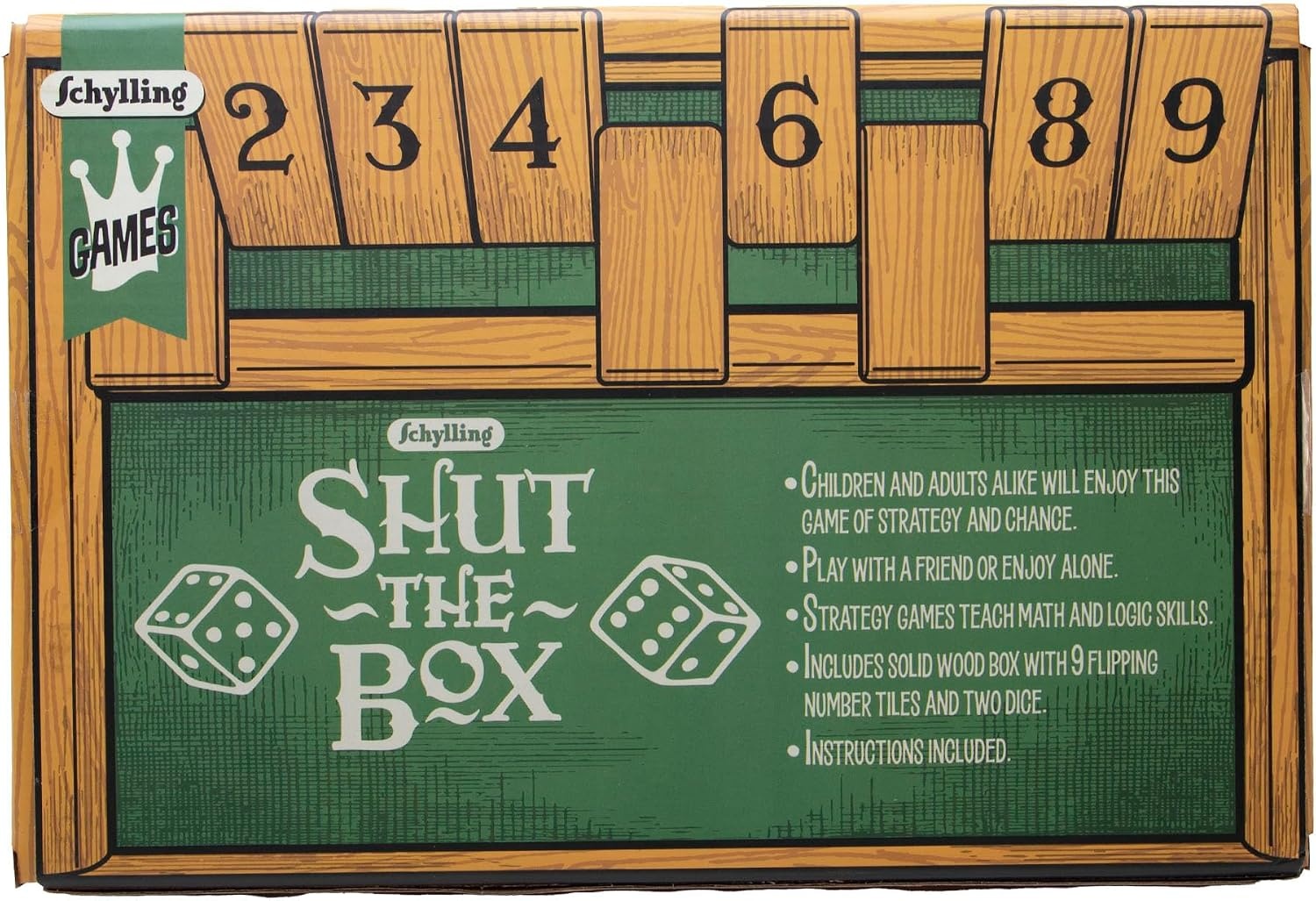 image:imageSchylling Shut the Box Family Game of Strategy and Chance Includes Collectible Wooden Game Box Felt Bottom Rounded Dice and Detailed Instructions Ages 6 and Up