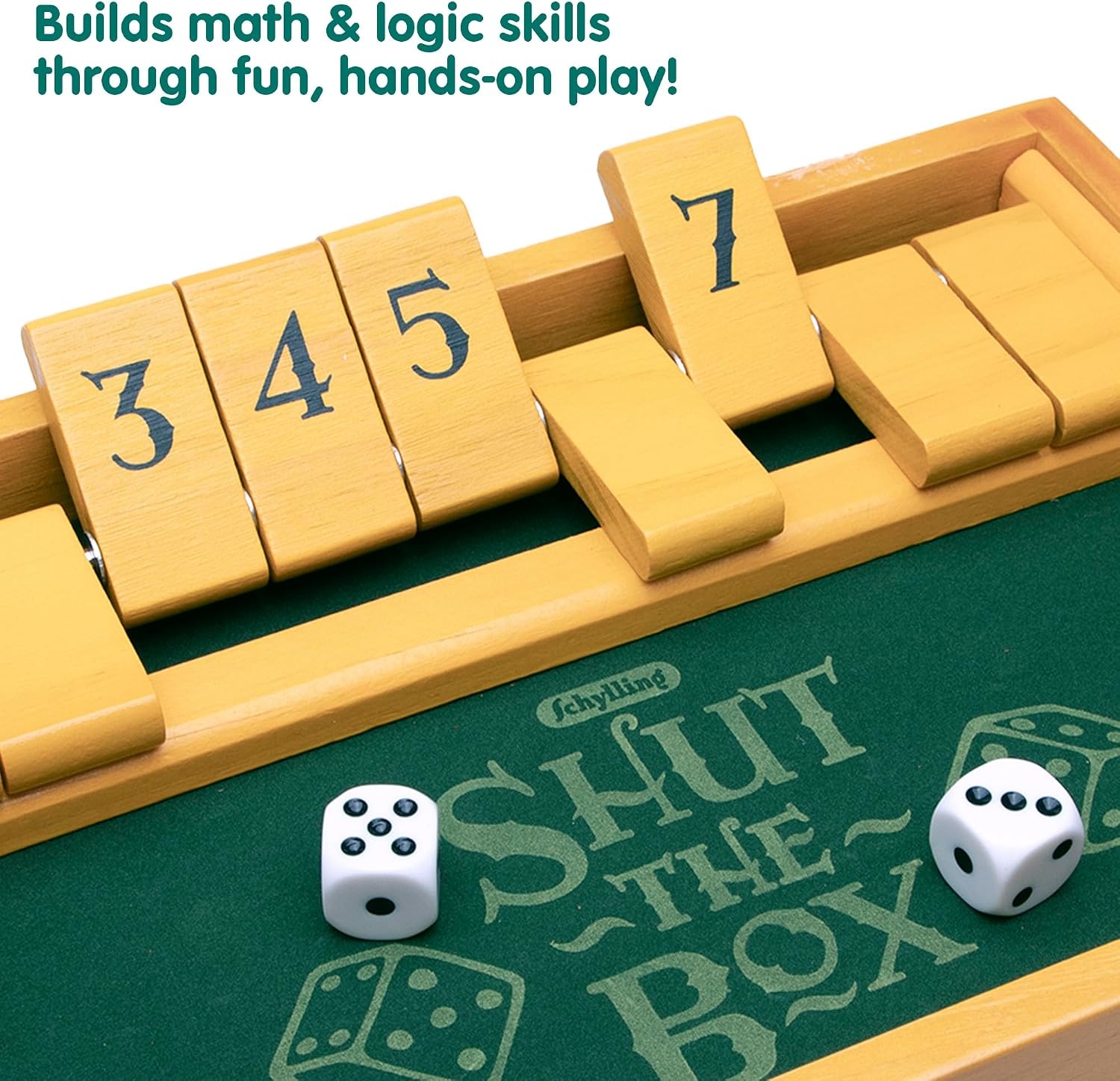 image:imageSchylling Shut the Box Family Game of Strategy and Chance Includes Collectible Wooden Game Box Felt Bottom Rounded Dice and Detailed Instructions Ages 6 and Up