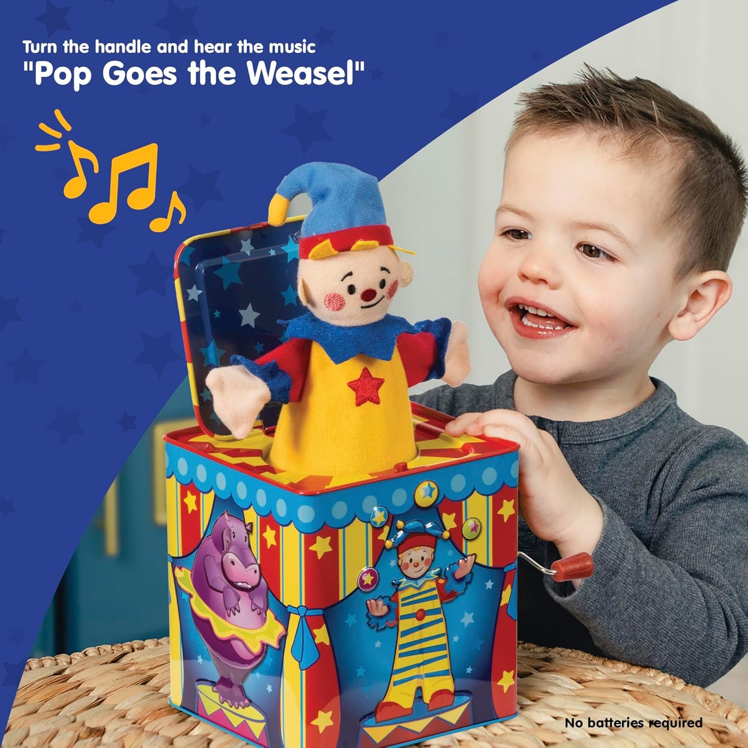image:imageSchylling Silly Circus Jack in the Box Classic Childrens Musical Toy Colorful Embossed Tin Box and Friendly Plush Age 18 months and Up