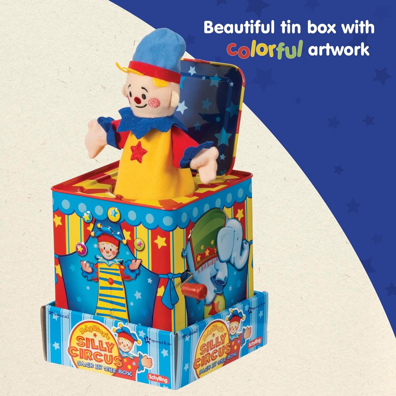 image:imageSchylling Silly Circus Jack in the Box Classic Childrens Musical Toy Colorful Embossed Tin Box and Friendly Plush Age 18 months and Up