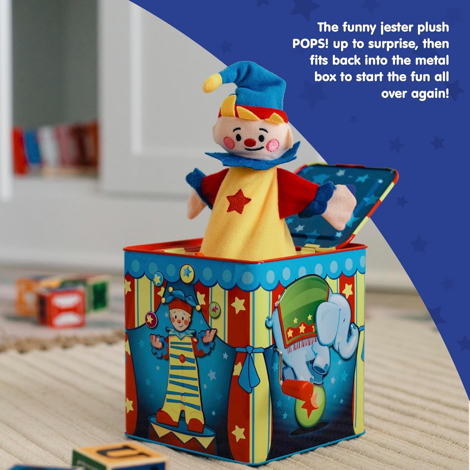 image:imageSchylling Silly Circus Jack in the Box Classic Childrens Musical Toy Colorful Embossed Tin Box and Friendly Plush Age 18 months and Up