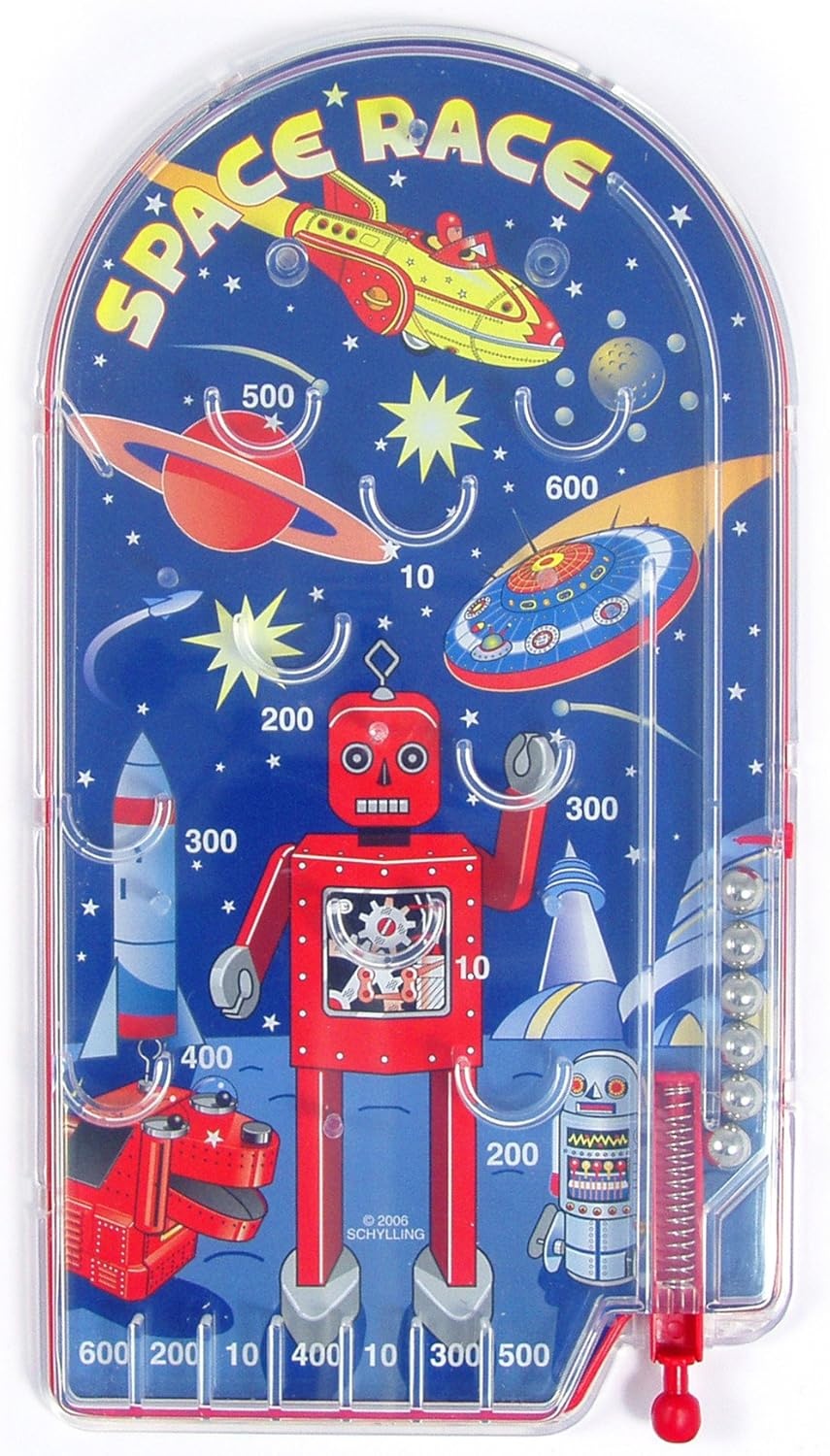 image:imageSchylling Space Race Pinball Game Portable Retro Pinball Toy Sturdy Construction with Lever Metal Balls and Classic Space Design Ages 3 and Up