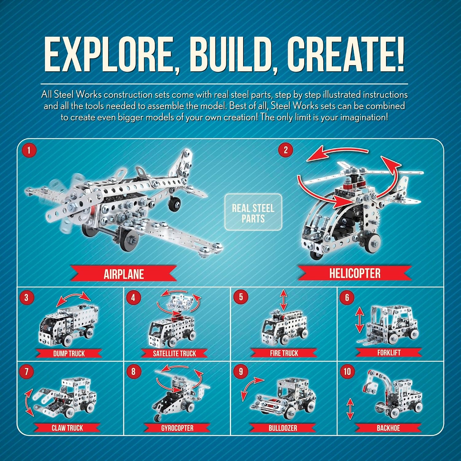 image:imageSchylling Steel Works Mechanical MultiModel Steel Building Set Includes 300 Pieces Tools and Instructions to Make 10 Different Models Ages 8 and Up300 Piece