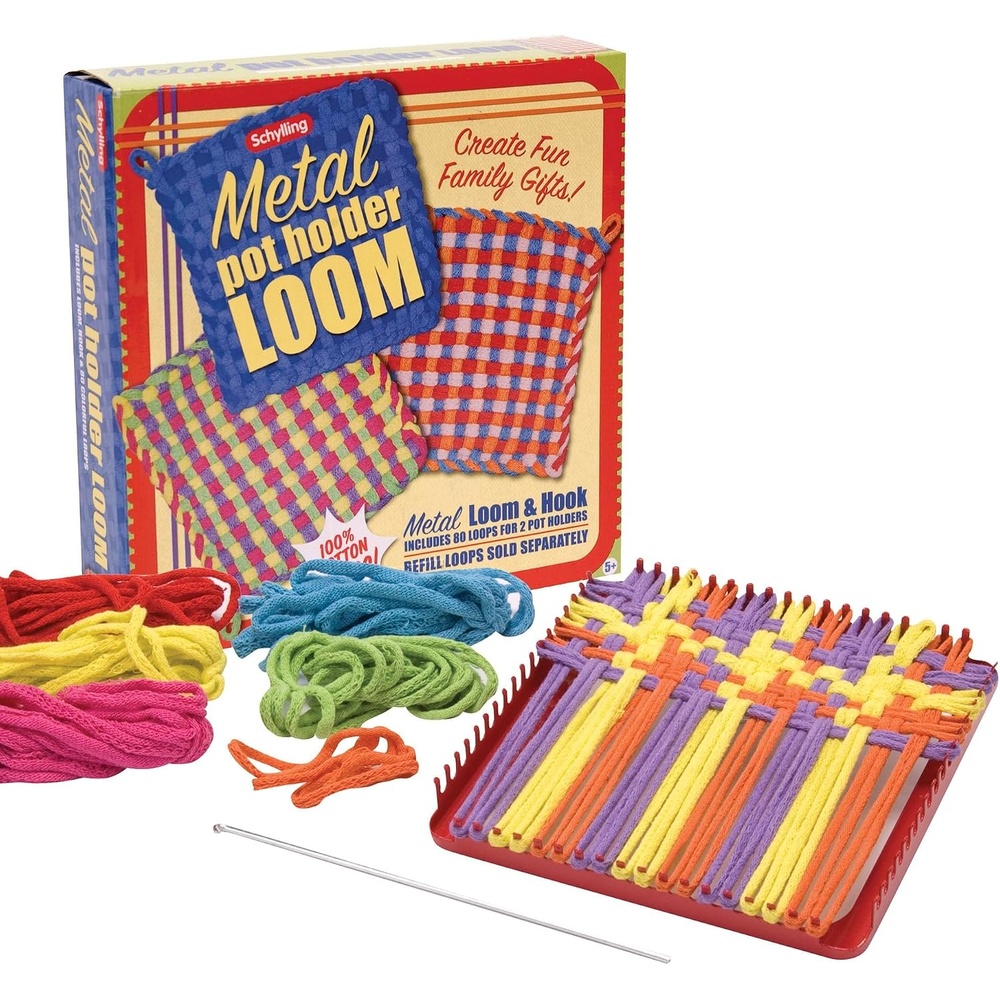 image:imageSchylling Metal Pot Holder Loom Kit Classic Durable Weaving Frame to Make Pot Holders Includes Loom Hook Instructions and 80 Colorful Cotton Loops Ages 5 and Up