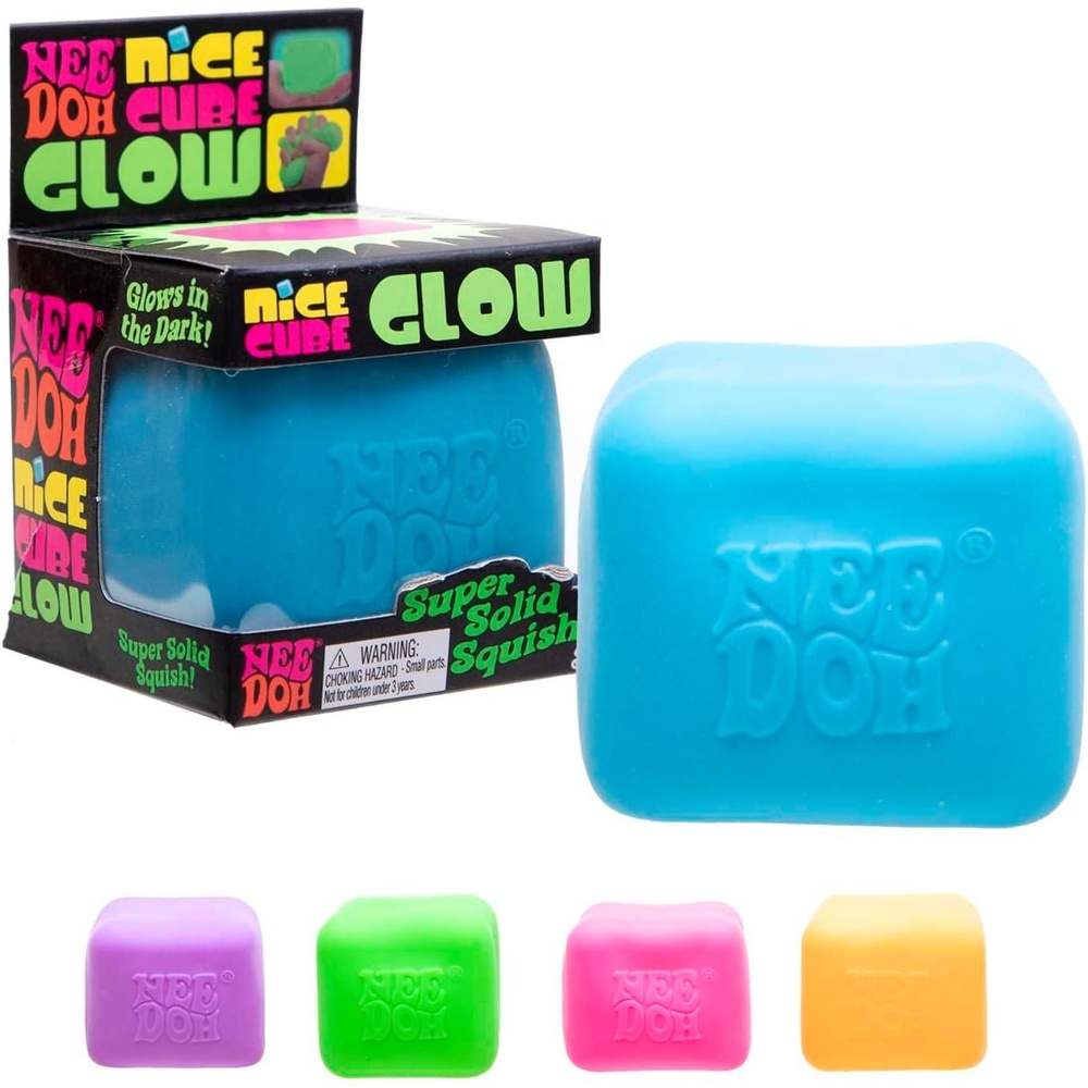 image:imageSchylling NeeDoh Nice Cube Glow Squeeze Toy with a Super Solid Squish Glows in The Dark 225 Cube Color May Vary Pack of 1
