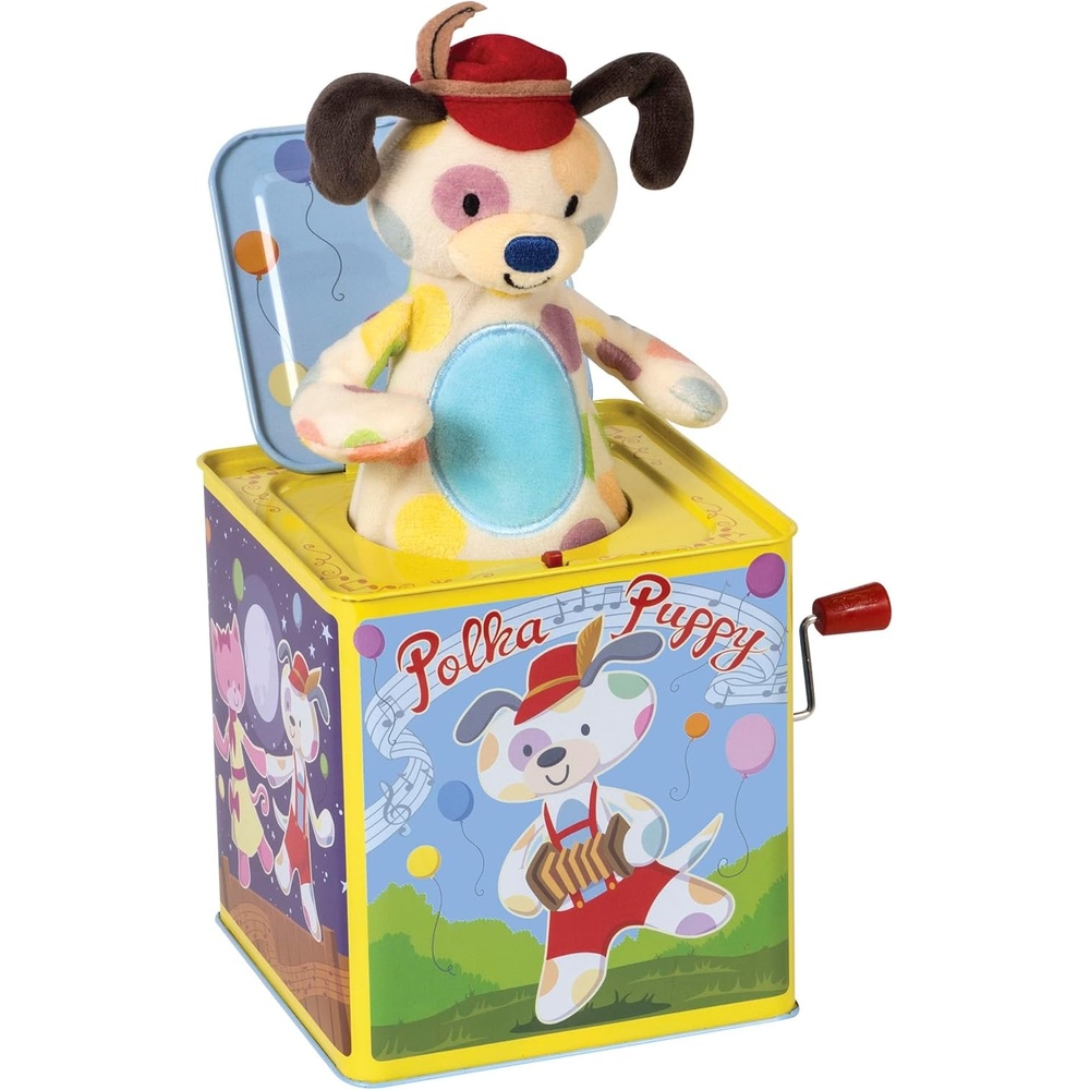image:imageSchylling Polka Puppy Jack in the Box Classic Childrens Musical Toy that Dances Colorful Embossed Tin Box and Lovable Puppy Plush Age 18 months and Up